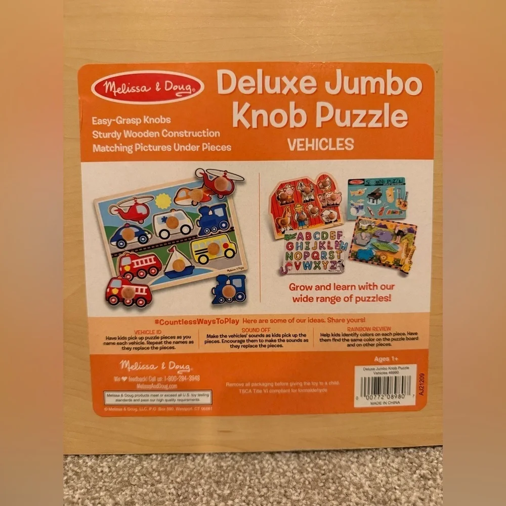 Melissa & Doug Wooden Deluxe Jumbo Knob Vehicles puzzle ages 1+